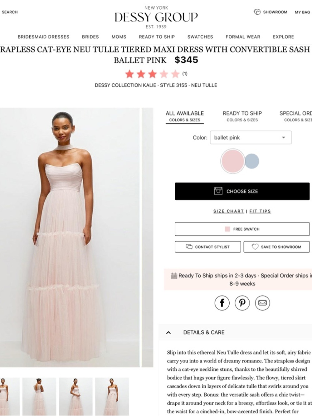 Dessy Collection Ballet Pink Strapless Tulle Tiered Maxi Dress